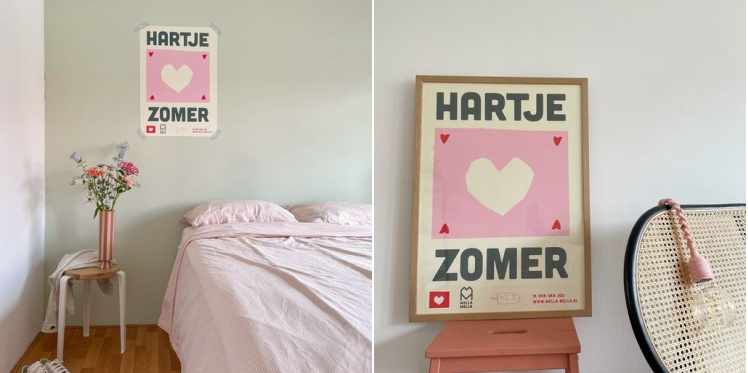 Bed room with pink vase and decorative poster with heart