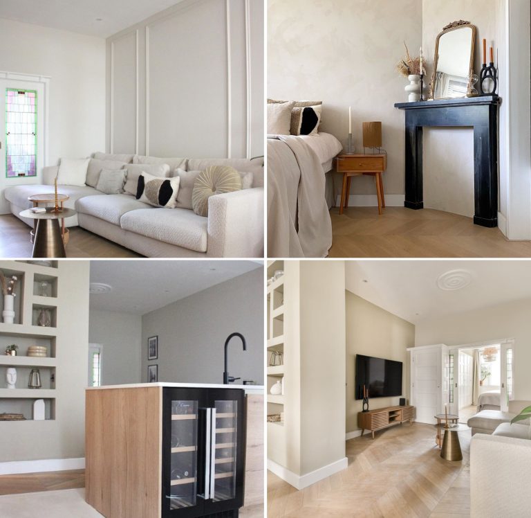 Living room with light beige couch with neutral pillows. Bed with pillows, wooden bed table, fireplace with vase and mirror on top. Wooden kitchen with wine fridge, black tap and build-in shelf with vases and decorations. Living room with tv, coffee table, wooden floor and sliding doors.