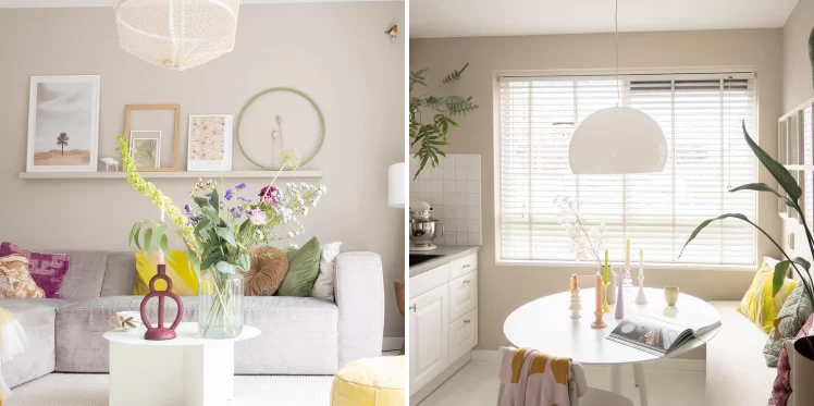 Living room with light grey couch with colorful cushions