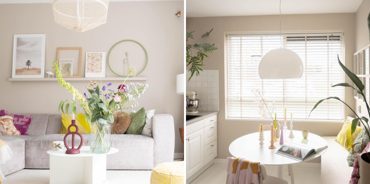 Living room with light grey couch with colorful cushions