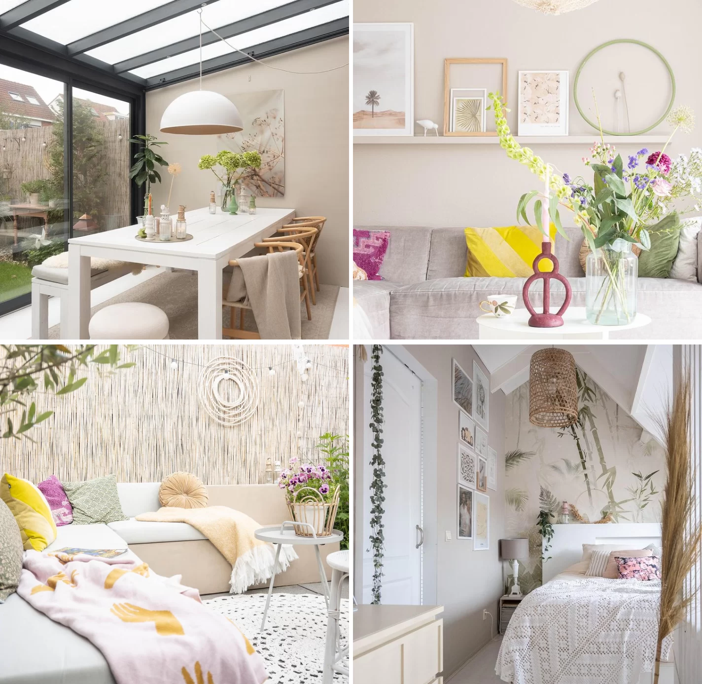 Interior design tips. Garden room with black bars and sliding door. White dining table with white hanging lamp. Bench and wooden chairs next to the table. Living room with light grey couch, coffee table with flowers and a pink candle holder. Frames on the wall. Garden sofa with yellow and pink pillows, light pink blanket. Bed room with white bed with pillows. Wallpaper with bamboo print.