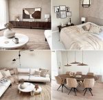 Minimalist interior with wooden tv shelf, round coffee table, bed with light bed sheets, wall with abstract art, light couch with pillows and wooden dining table with beige chairs